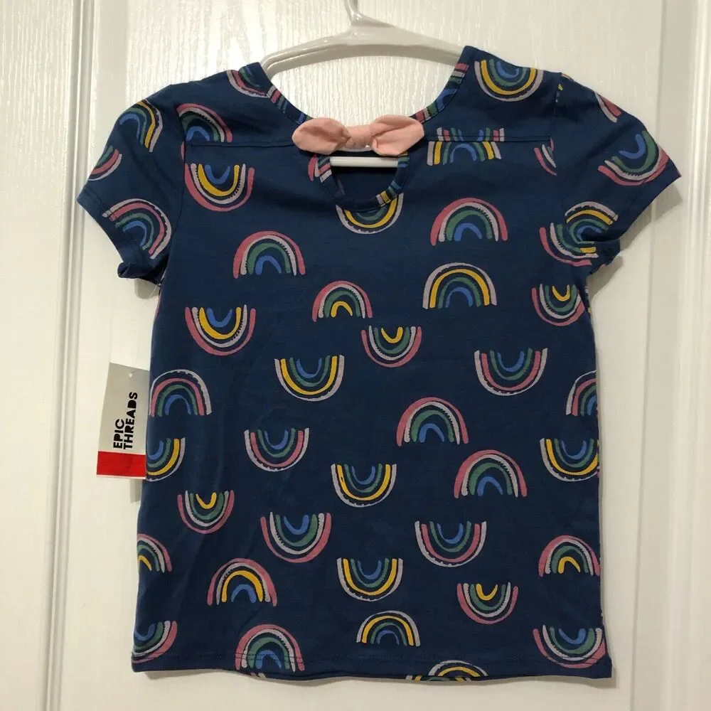 Epic Threads Girls Tropic Blue Rainbow Print‎ Bow Back T-Shirt Size 6X NWT